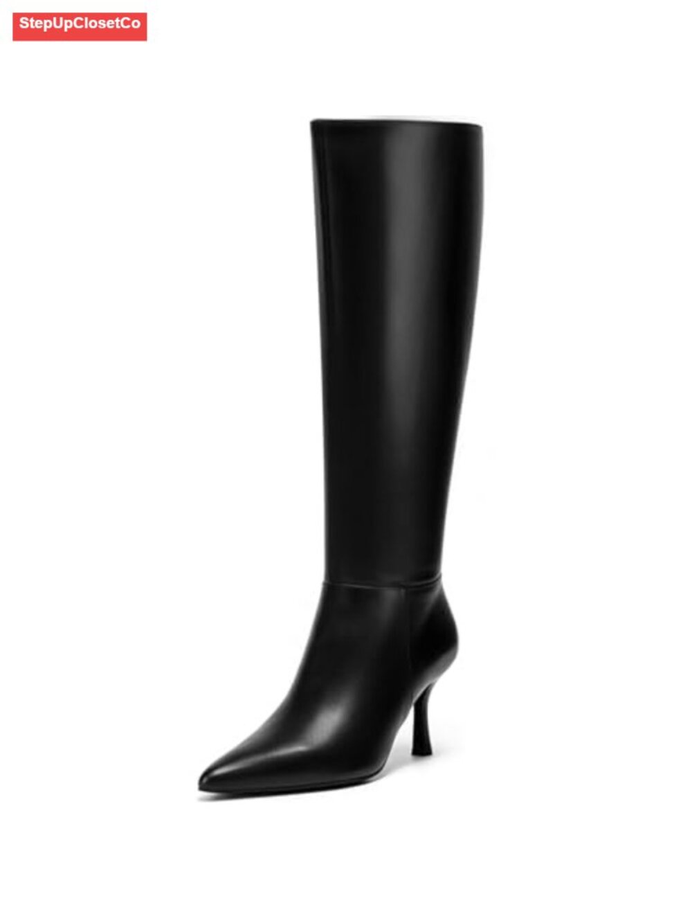 Kitten Heel Knee High Boots Pointed Toe Tall Faux Leather